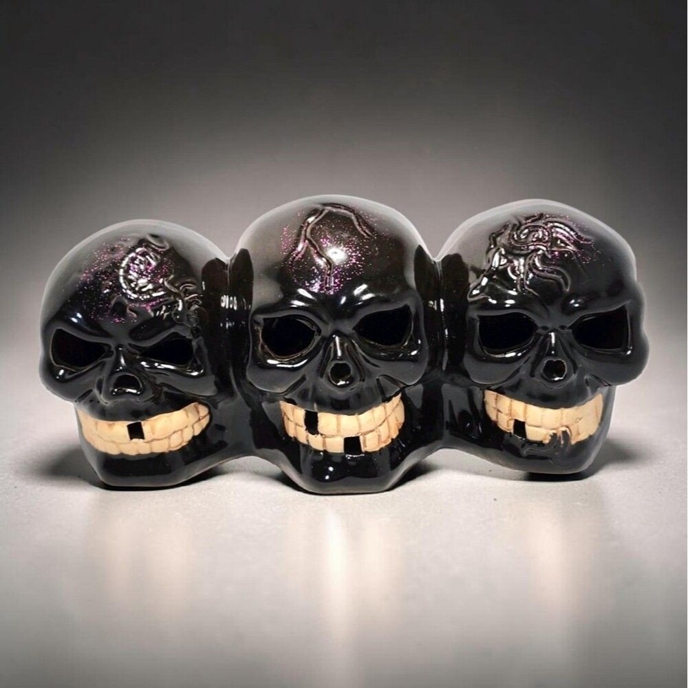 Vintage Ceramic Black Skull Trio Figurine Gothic Halloween Decor 8" Fishtank Art